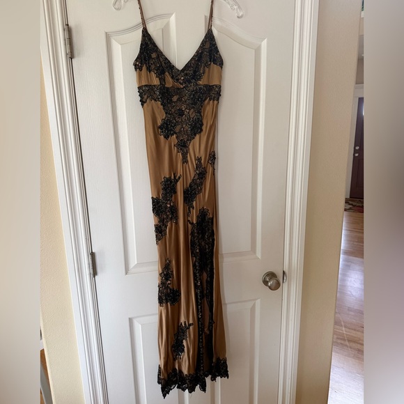 Sue Wong Dresses & Skirts - Sue Wong Vintage Silk Gold Satin Maxi with Black Lace Appliqué Detailing